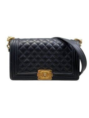 Chanel Shoulder Bag Boy Quilted Black Gold CC Logo